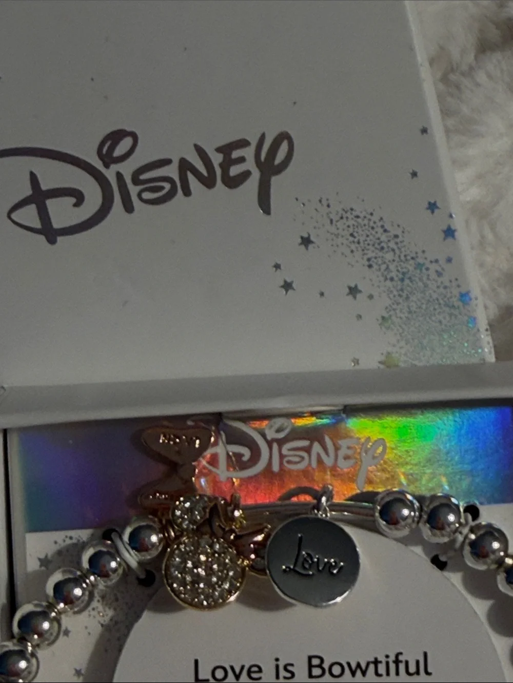 Disney Silver Minnie Bow & 'Love' Charm Beaded Bracelet